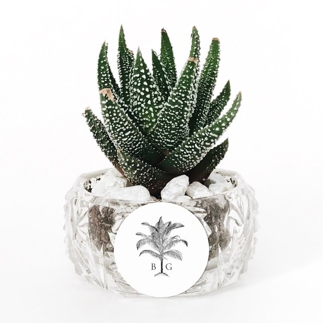 Adesivo Redondo Casamento de Monograma de Árvore Tropical Minimali (Minimalist Tropical Palm Tree Monogram Wedding Classic Round Sticker)