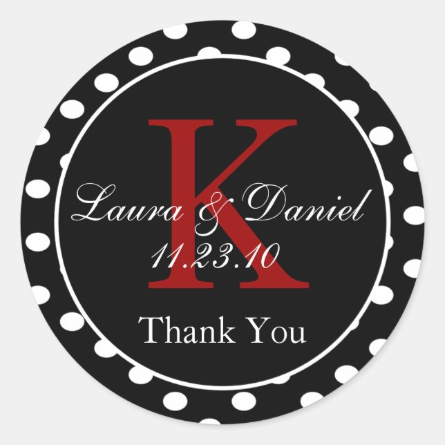 Adesivo Redondo Casamento de Monograma de Bolinhas Vermelhas Branc (Frente)