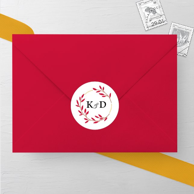 Adesivo Redondo Casamento de Monograma de Folha de Queda Encantado (Criador carregado)