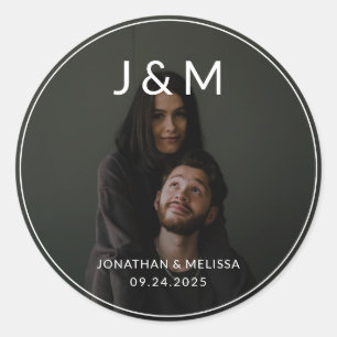 Adesivo Redondo Casamento de Monograma de Foto Minimalista Moderna