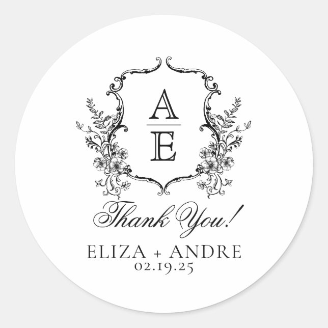 Adesivo Redondo Casamento de Monograma de Pó Negra e Branca (Frente)