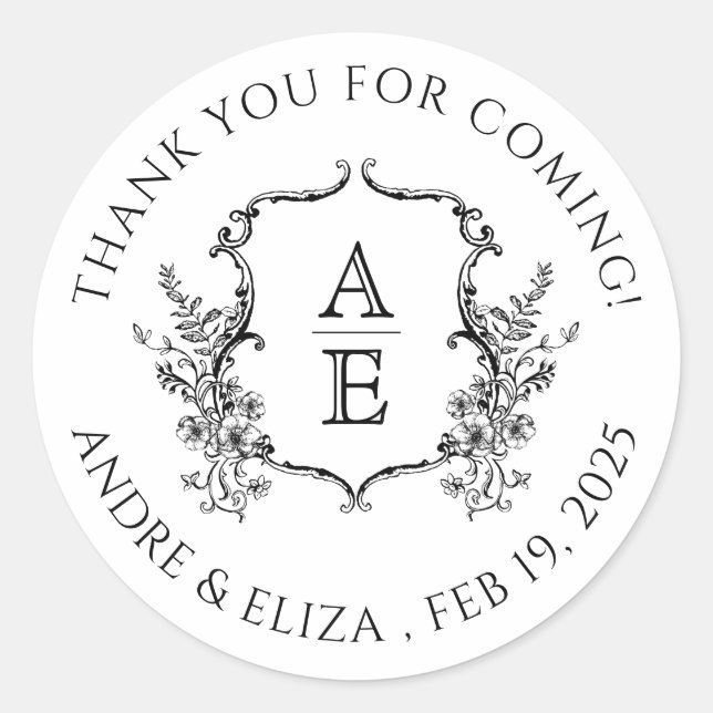 Adesivo Redondo Casamento de Monograma de Pó Negra e Branca (Frente)