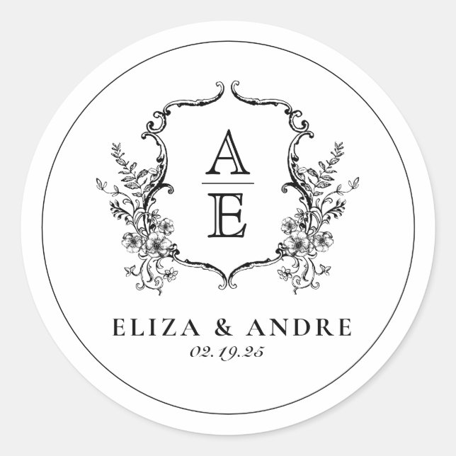 Adesivo Redondo Casamento de Monograma de Pó Negra e Branca (Frente)