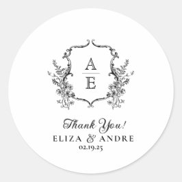 Adesivo Redondo Casamento de Monograma de Pó Negra e Branca