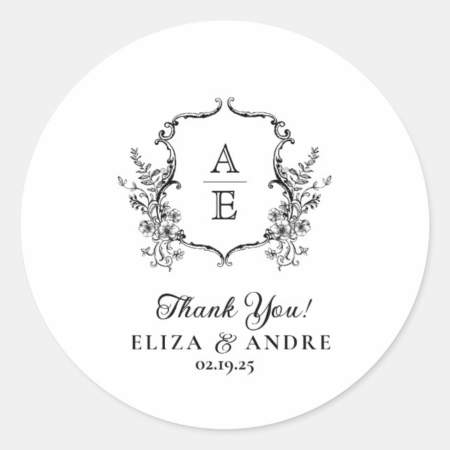 Adesivo Redondo Casamento de Monograma de Pó Negra e Branca (Frente)
