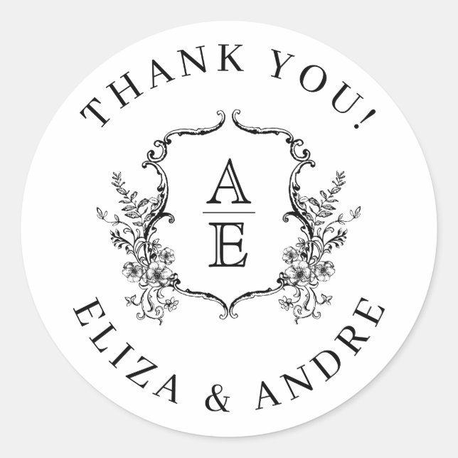 Adesivo Redondo Casamento de Monograma de Pó Negra e Branca (Frente)