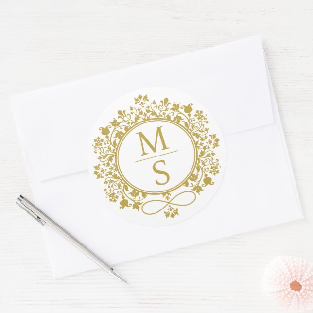 Adesivo Redondo Casamento de Monograma Dourado (Envelope)