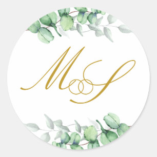 Adesivo Redondo Casamento de Monograma Dourado Eucalyptus