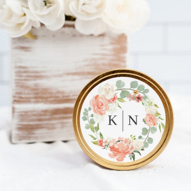 Adesivo Redondo Casamento de Monograma Floral de Pessegueira Molha (Criador carregado)