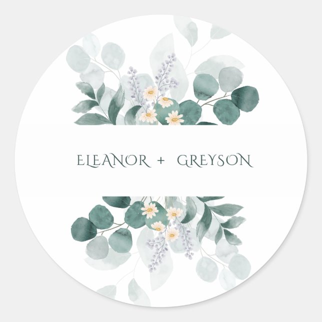 Adesivo Redondo Casamento de monograma floral elegante (Frente)