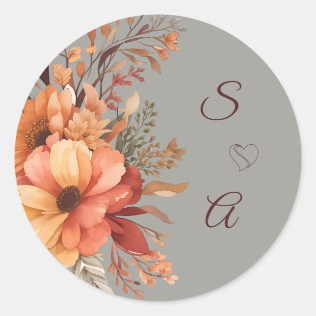 Adesivo Redondo Casamento de Monograma Floral Russo de Cima-Cobra (Frente)