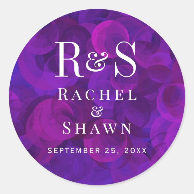 Adesivo Redondo Casamento de Monograma Moderno de Quic Roxo Elegan (Frente)