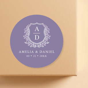 Adesivo Redondo Casamento de Monograma Moderno Floral de Púrpura C