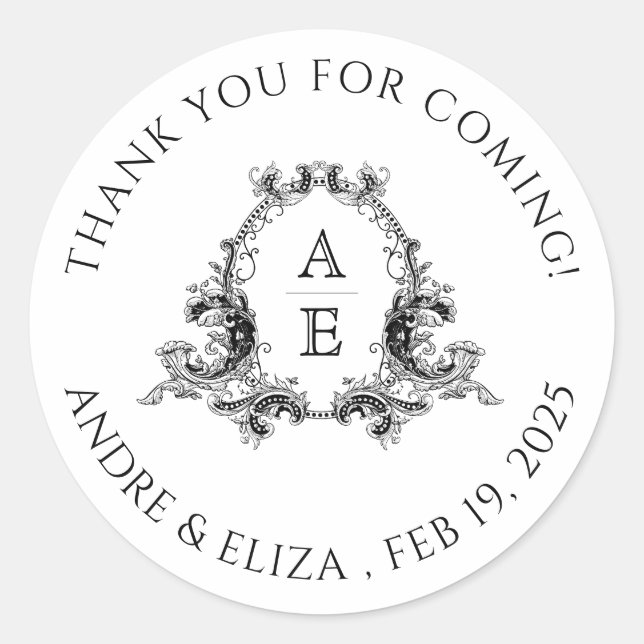 Adesivo Redondo Casamento de Monograma Negro e Branco Obrigado Sti (Frente)