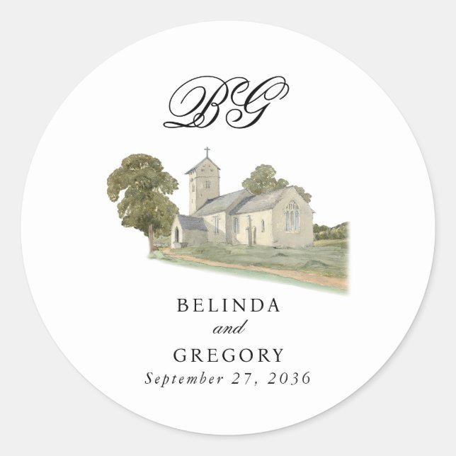 Adesivo Redondo Casamento de Monograma Tradicional com Igreja de C (Frente)