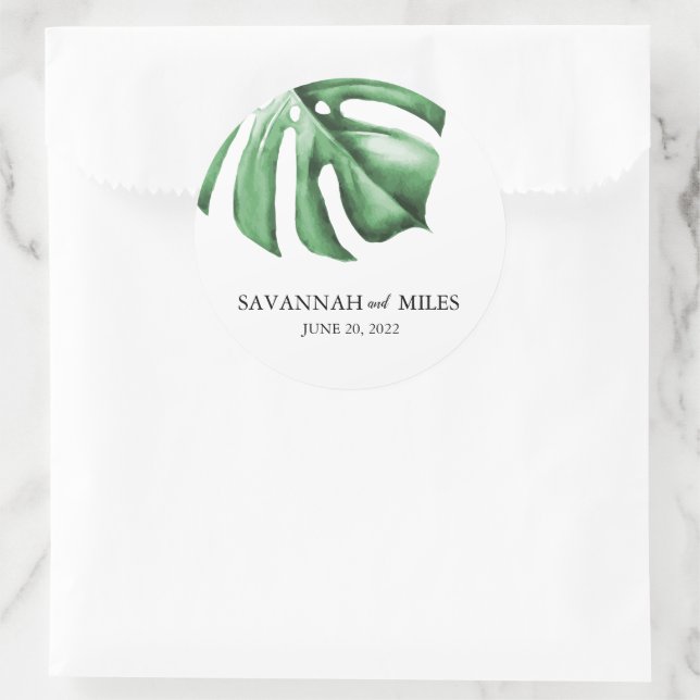 Adesivo Redondo Casamento de Monstera Tropical Nomes e Casamentos  (Bolsa)