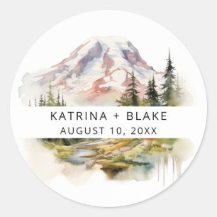 Adesivo Redondo Casamento de Monte Rainier Washington Watercolor