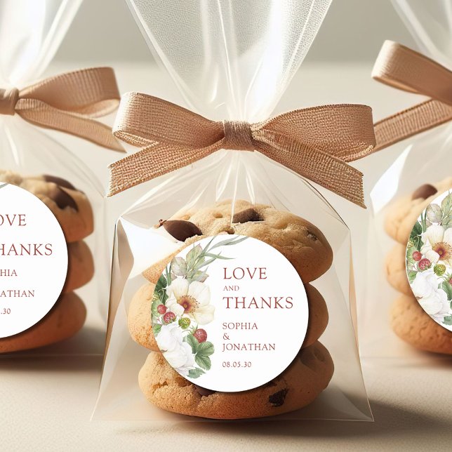 Adesivo Redondo Casamento de Morango Selvagem Branca Rosa, Obrigad (White Rose and Wild Strawberry Love and Thanks Wedding Favor Stickers)