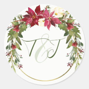 Adesivo Redondo Casamento de Natal Elegante Vermelho Poinsettia Fo
