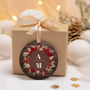 Adesivo Redondo Casamento de Natal Floral Rustic Wood Poinsettia