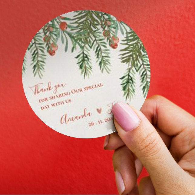 Adesivo Redondo Casamento de Natal Rustic Green Deixa Berries Verm (Rustic Green Leaves Red Berries Christmas Wedding Classic Round Sticker)