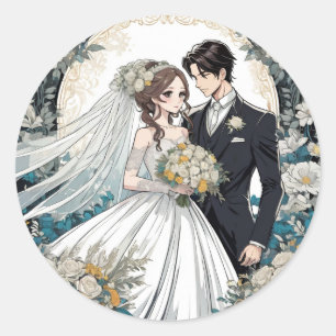 Adesivo Redondo Casamento de noiva e anime nobre