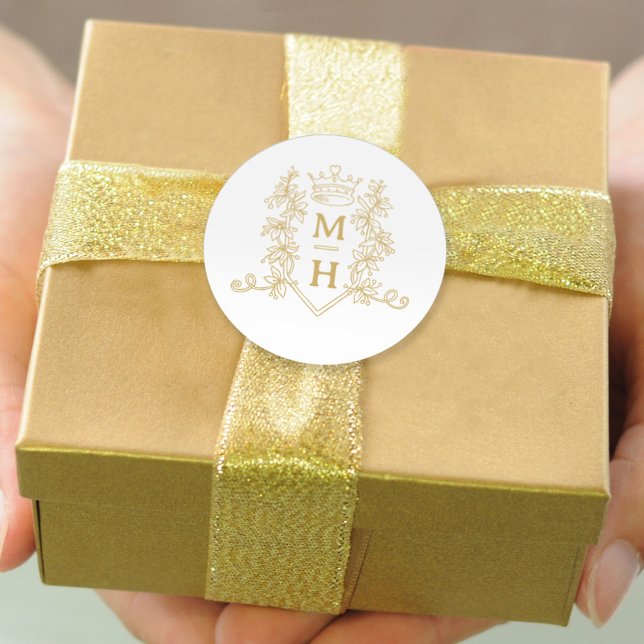 Adesivo Redondo Casamento de ouro com crista cardíaca monograma (Criador carregado)