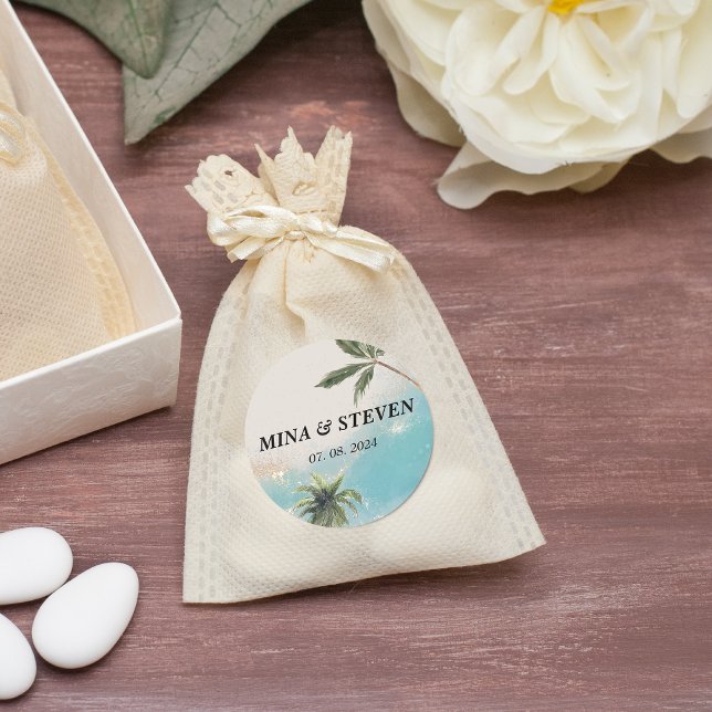 Adesivo Redondo Casamento de ouro de praia tropical com aquarela a (Criador carregado)