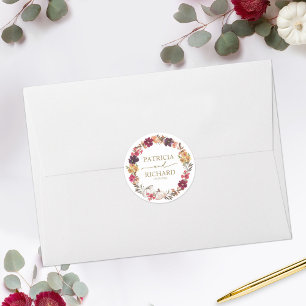 Adesivo Redondo Casamento de Outono Burgundy Floral Abóbora Branca