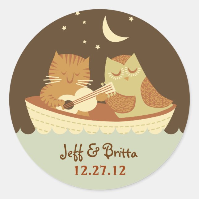 Adesivo Redondo Casamento de Owl & Pussycat Storybook (Azul e Cast (Frente)