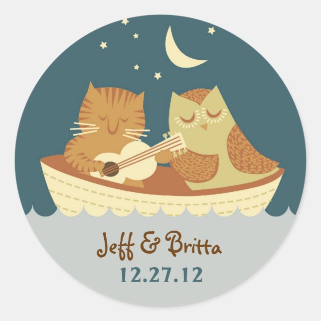 Adesivo Redondo Casamento de Owl & Pussycat Storybook (Azul-mar) (Frente)