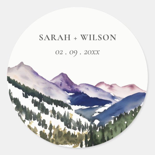 Adesivo Redondo Casamento de Paisagem com Aquarela de Montanha Roc (Frente)