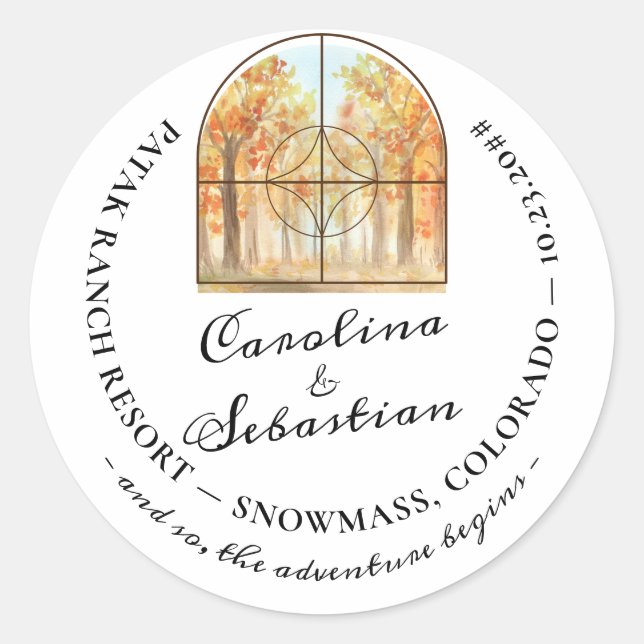 Adesivo Redondo Casamento de Paisagem da Floresta Montanha Inicial (Frente)
