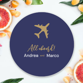 Adesivo Redondo Casamento De Passagem De Embarque Azul E Dourado