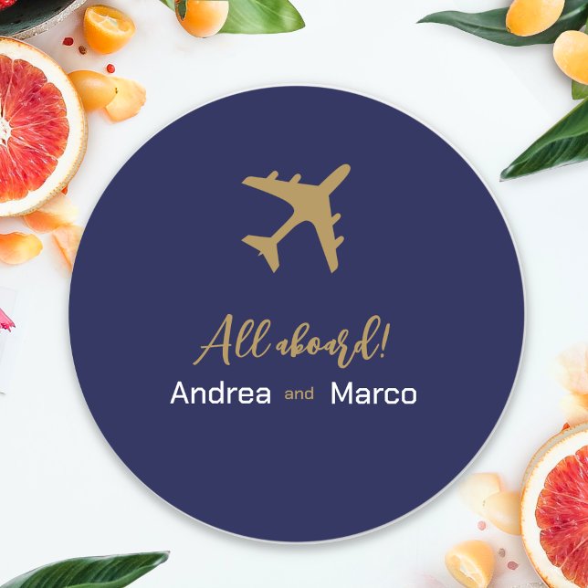 Adesivo Redondo Casamento De Passagem De Embarque Azul E Dourado (Calligraphy Blue And Gold Boarding Pass Wedding Classic Round Sticker)