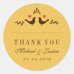 Adesivo Redondo Casamento De Pássaros Amarelos De Coração Peque