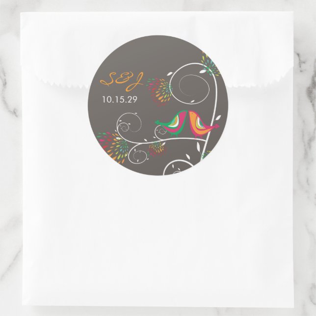 Adesivo Redondo Casamento de Pássaros de Verão com Beijo Impressio (Bolsa)