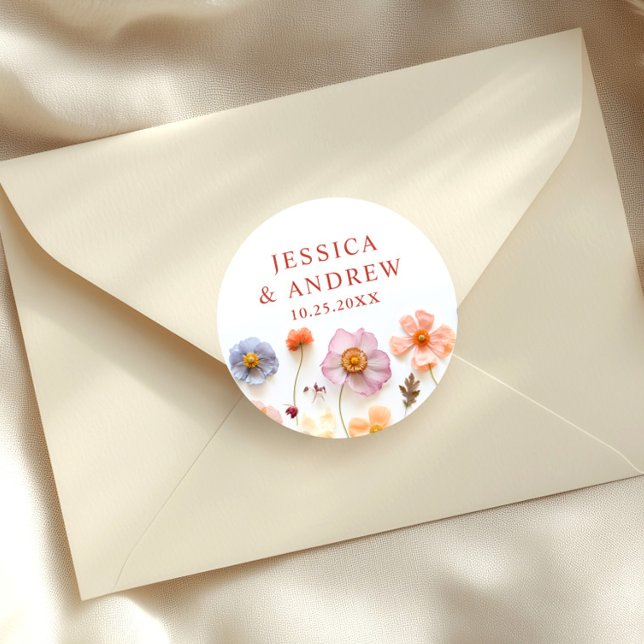 Adesivo Redondo Casamento de Pastel Pink Bohemian Wildflower (Criador carregado)