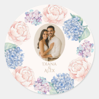 Adesivo Redondo Casamento de Peões de Aquarela Floral Vintage Eleg