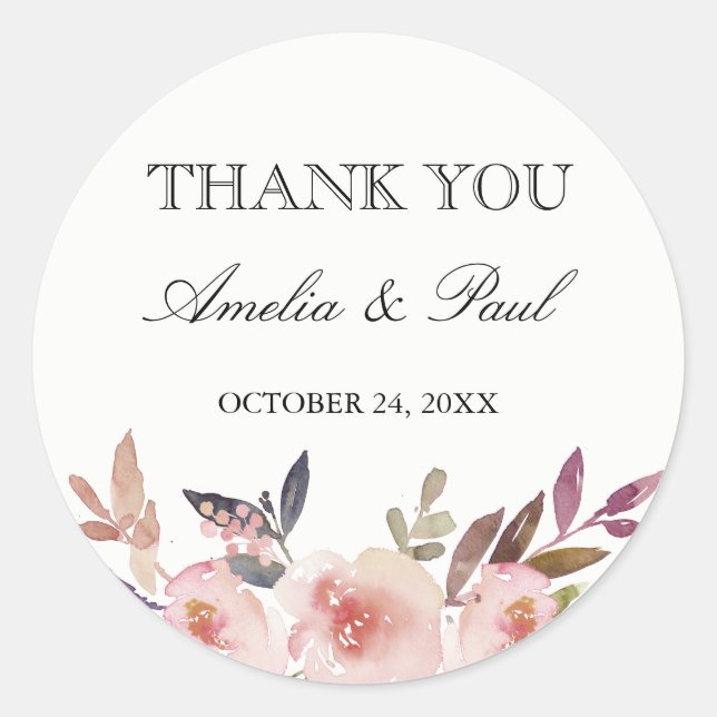Adesivo Redondo Casamento de Peonies Aquarela Obrigado Sticker (Frente)