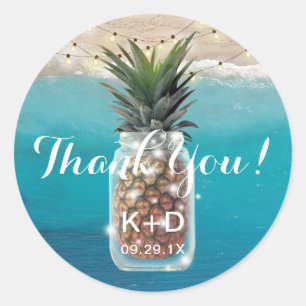 Adesivo Redondo Casamento de Pineapple Mason Jar Beach Obrigado