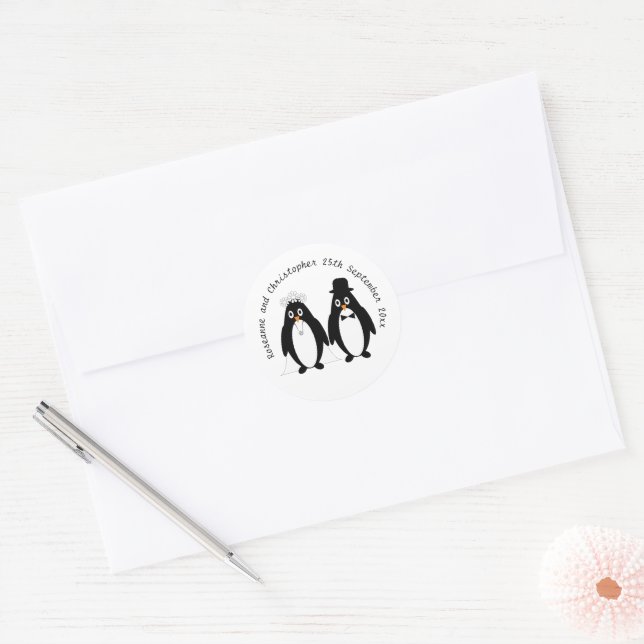 Adesivo Redondo Casamento de Pinguins (Envelope)