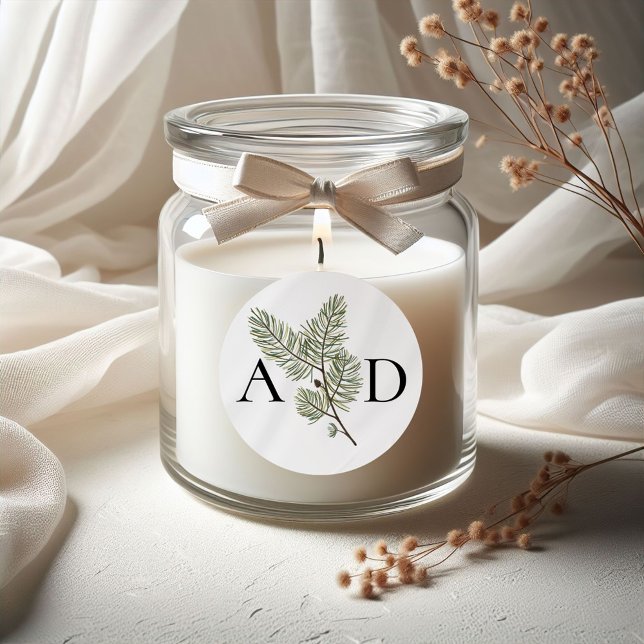 Adesivo Redondo Casamento de pinheiro Dourado e verde branco monog (Criador carregado)