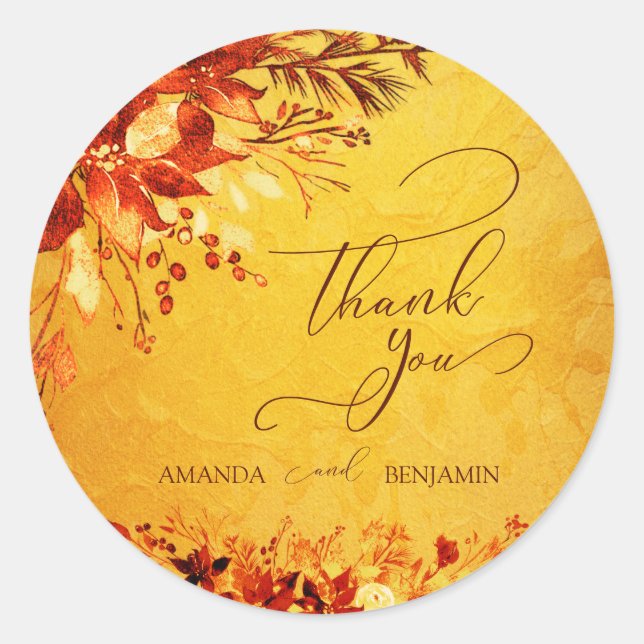 Adesivo Redondo Casamento de Poinsettia Vermelha e Dourada Elegant (Frente)