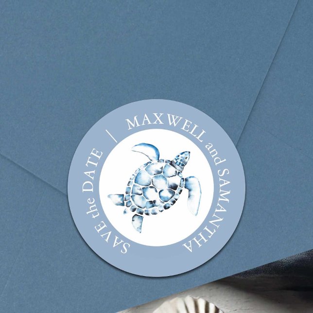 Adesivo Redondo Casamento de praia Aquarela Turtle Blue (Save the date sticker envelope seal watercolor sea turtle art Victoria Grigaliunas Do Tell A Belle)