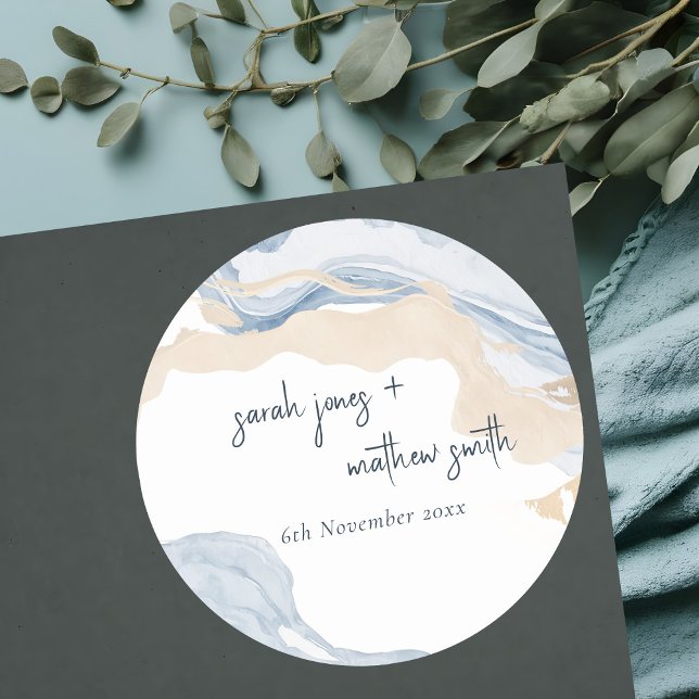 Adesivo Redondo Casamento de praia costeira de bege azul Elegante  (Criador carregado)