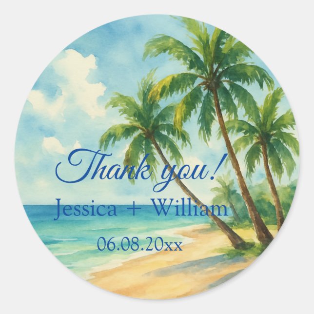 Adesivo Redondo Casamento de Praia da Ilha Tropical Ocean Obrigado (Frente)