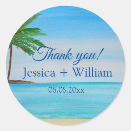 Adesivo Redondo Casamento de Praia da Ilha Tropical Ocean Obrigado