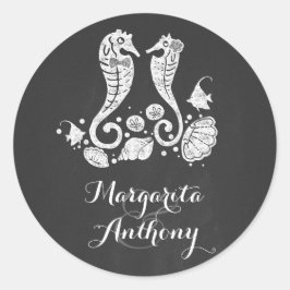 Adesivo Redondo Casamento de Praia de Cavalos de Chalkboard