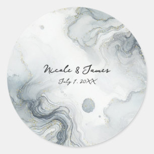 Adesivo Redondo Casamento de Praia em Aquarela Azul Cinza e Dourad